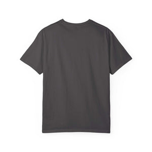 Back view of dark gray Allergic to People Please Maintain Distance funny text t-shirt made of soft garment-dyed cotton in relaxed fit