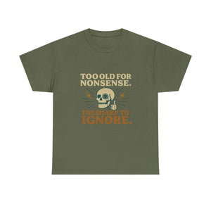 Vintage Monocle Skull Tee olive t-shirt with skull, monocle, lightning bolts, and text "Too old for nonsense, Too sharp to ignore"
