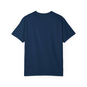 Back view of navy blue "Allergic to People Please Maintain Distance" funny text t-shirt in relaxed fit