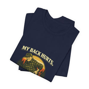 Old Man Snark navy blue 100% cotton t-shirt with a vintage graphic of an older man in a plaid shirt and cap, with text "MY BACK HURTS."