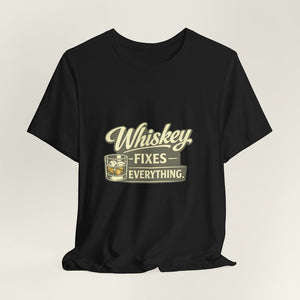 Old Man Snark black 100% cotton t-shirt with 'Whiskey Fixes Everything' graphic and whiskey glass illustration.