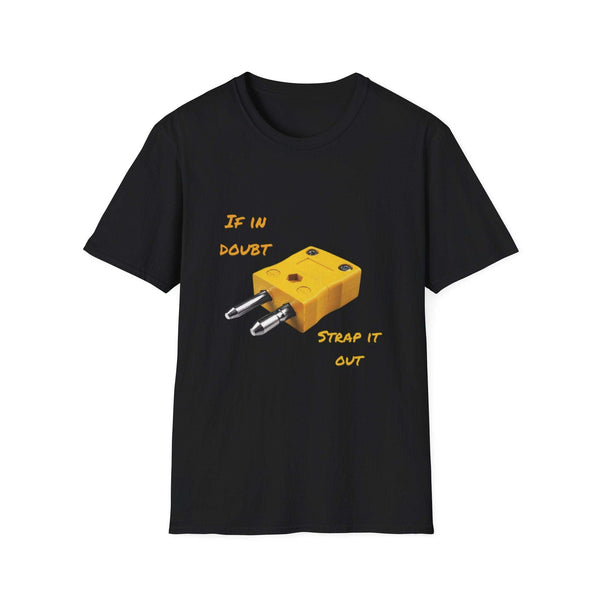 Black funny inspirational t-shirt with yellow guitar pedal graphic and "If in doubt strap it out" text