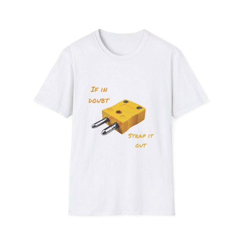 White funny inspirational T-shirt with yellow guitar pedal graphic and "If in doubt strap it out" text.