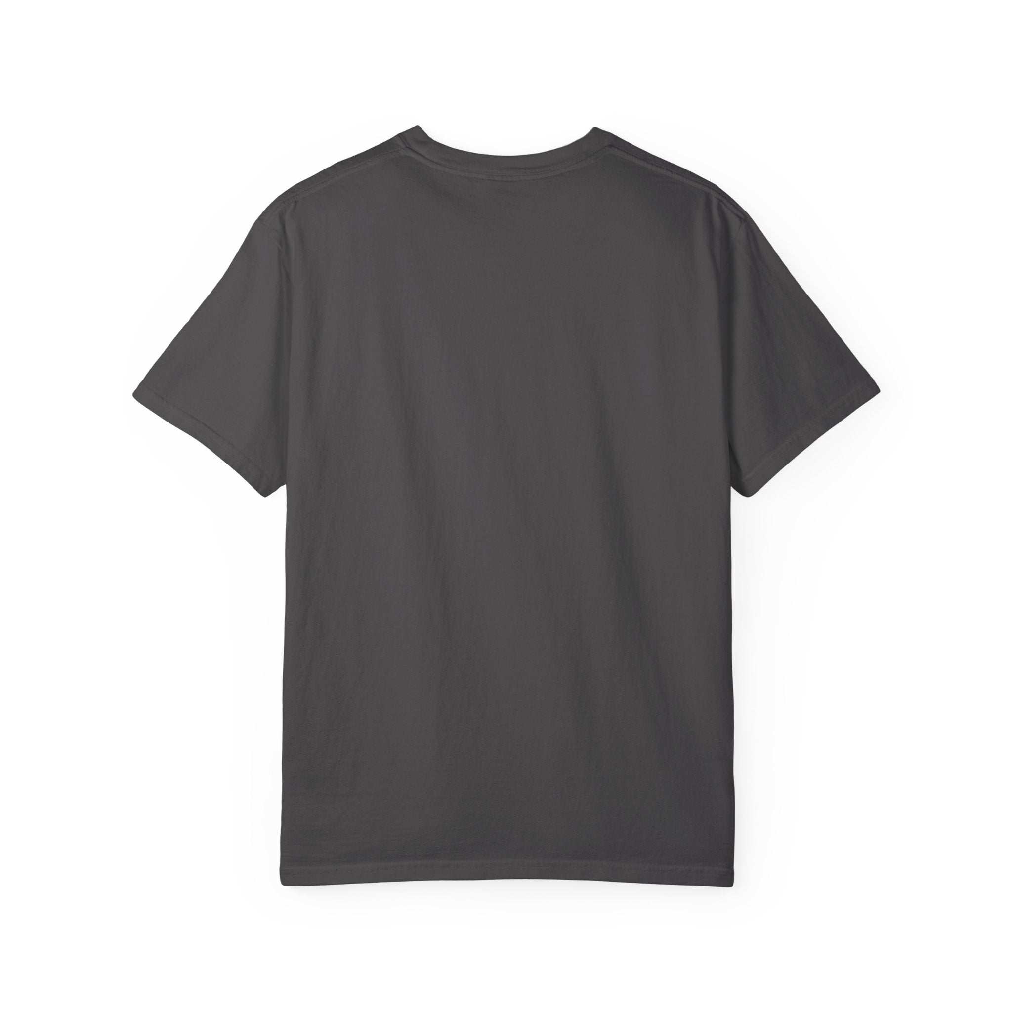 Back view of dark gray Allergic to People Please Maintain Distance funny text t-shirt made of soft garment-dyed cotton in relaxed fit