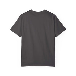Back view of dark gray Allergic to People Please Maintain Distance funny text t-shirt made of soft garment-dyed cotton in relaxed fit