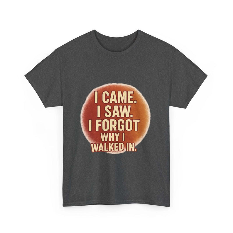 Dark gray cotton t-shirt with humorous quote "I came. I saw. I forgot why I walked in." printed on front.