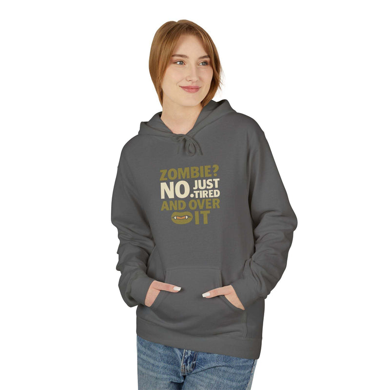 Unisex gray fleece hoodie with funny zombie humor text, cozy casual wear for Halloween or everyday use