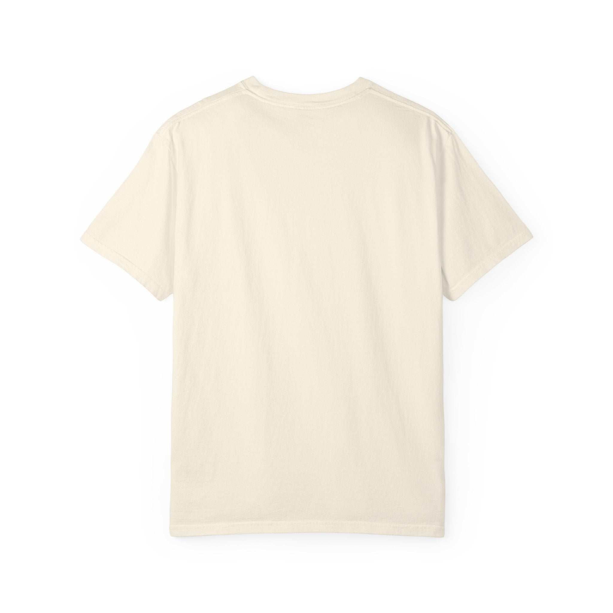 Back view of cream-colored "Allergic to People Please Maintain Distance" funny text t-shirt in relaxed fit, made from 100% ring-spun cotton, sizes S to 4XL.