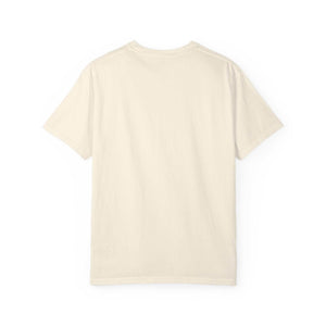 Back view of cream-colored "Allergic to People Please Maintain Distance" funny text t-shirt in relaxed fit, made from 100% ring-spun cotton, sizes S to 4XL.