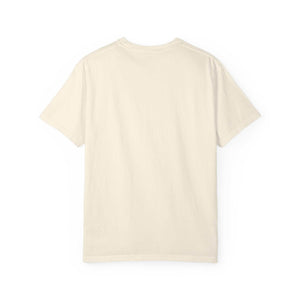 Back view of cream-colored "Allergic to People Please Maintain Distance" funny text t-shirt in relaxed fit, made from 100% ring-spun cotton, sizes S to 4XL.