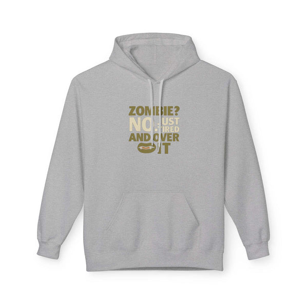 gray unisex zombie humor fleece hoodie with front pouch pocket and cheeky printed text design