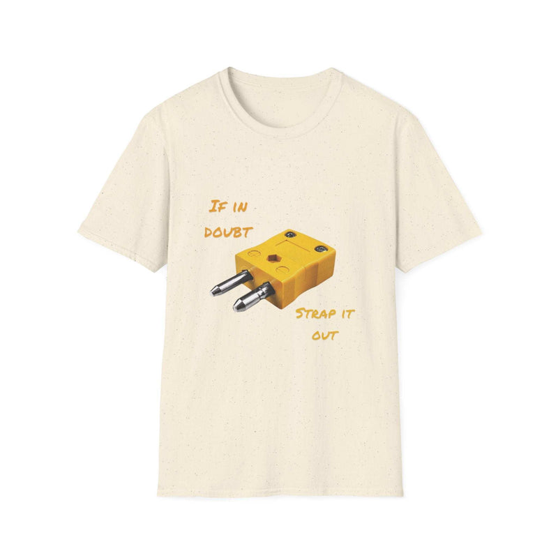 Funny Inspirational T-Shirt with yellow guitar strap lock graphic and text "If in doubt strap it out" on cream unisex softstyle tee
