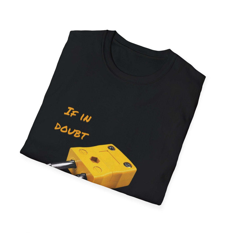 Black Funny Inspirational T-Shirt with yellow robot graphic and "If in doubt" text, unisex casual wear.
