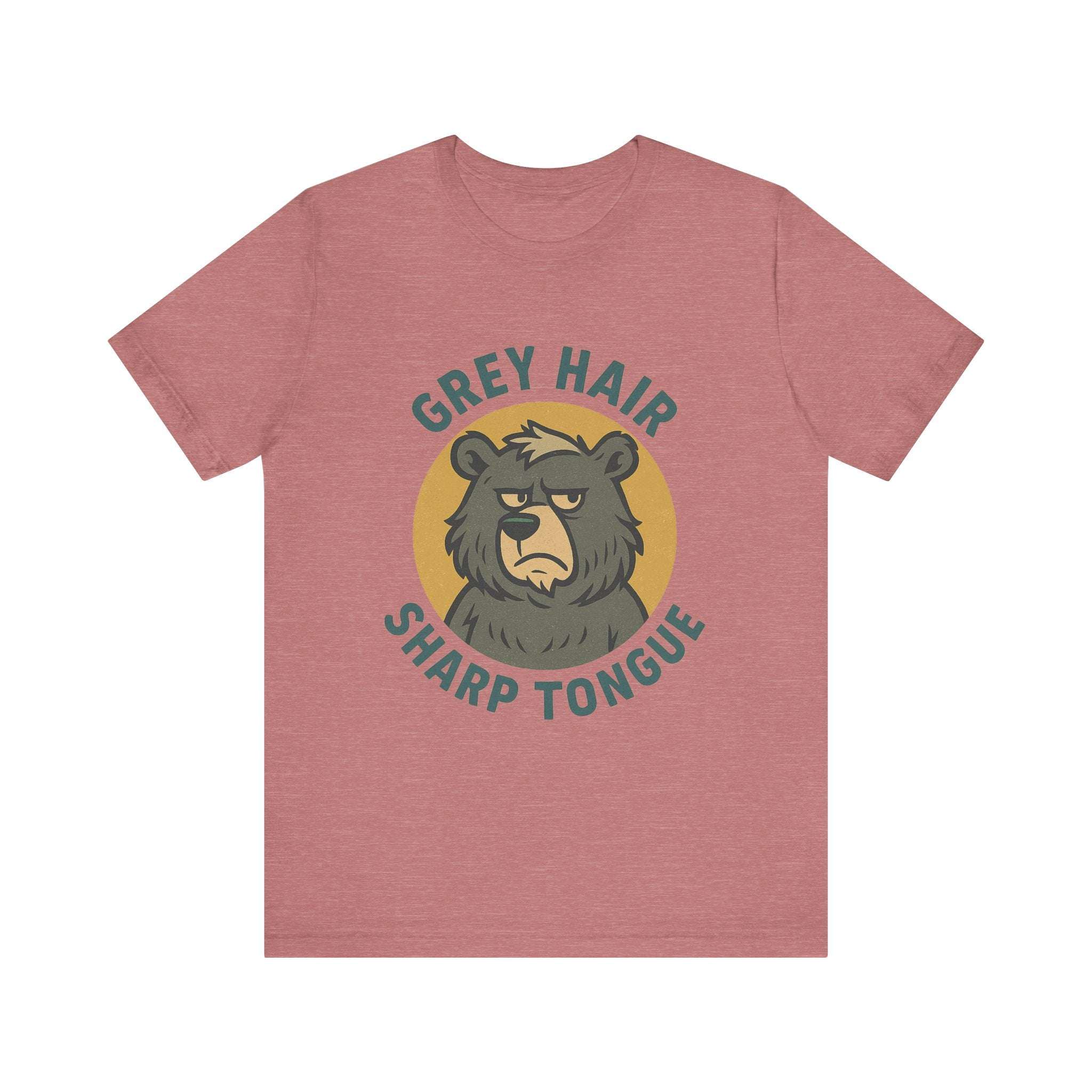 Grey Bear Graphic Tee with "Grey Hair Sharp Tongue" funny retro design on pink short sleeve shirt