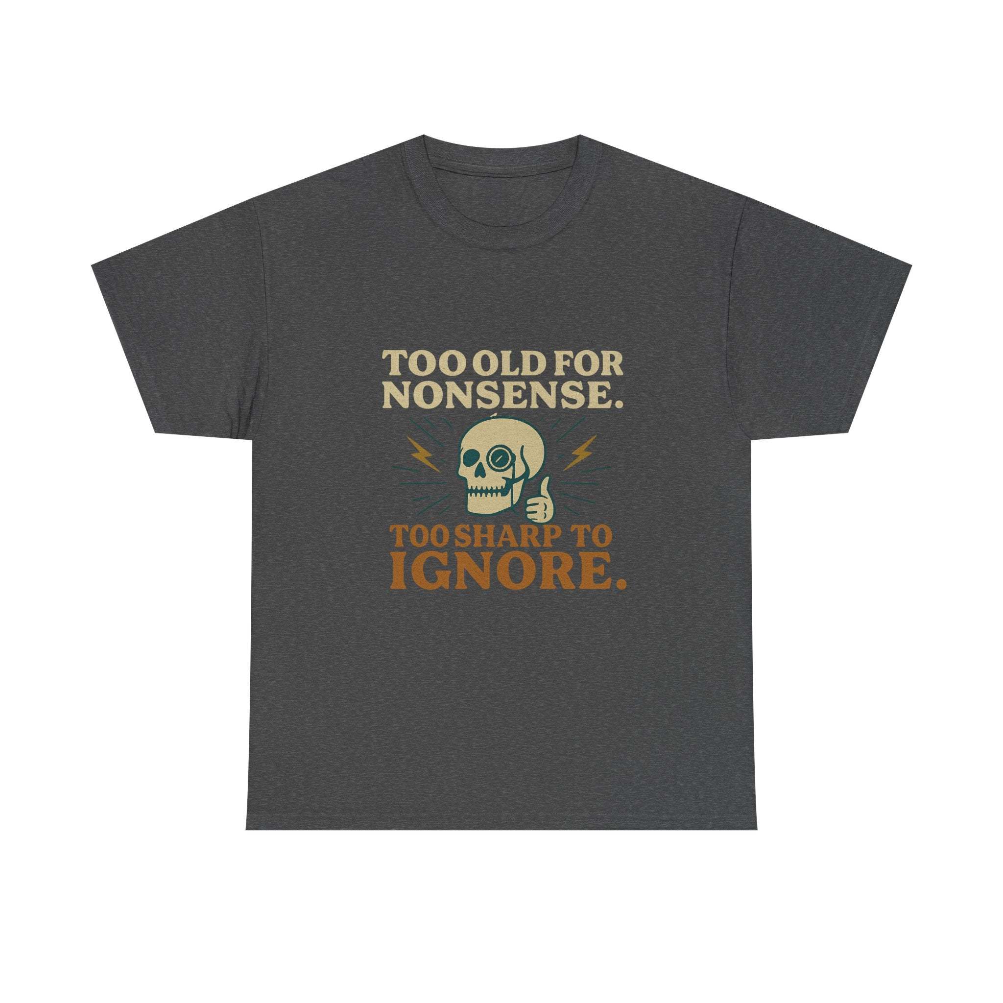 Vintage Monocle Skull Tee with retro skull design and witty slogan on dark gray shirt