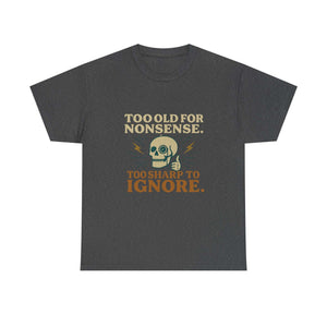 Vintage Monocle Skull Tee with retro skull design and witty slogan on dark gray shirt