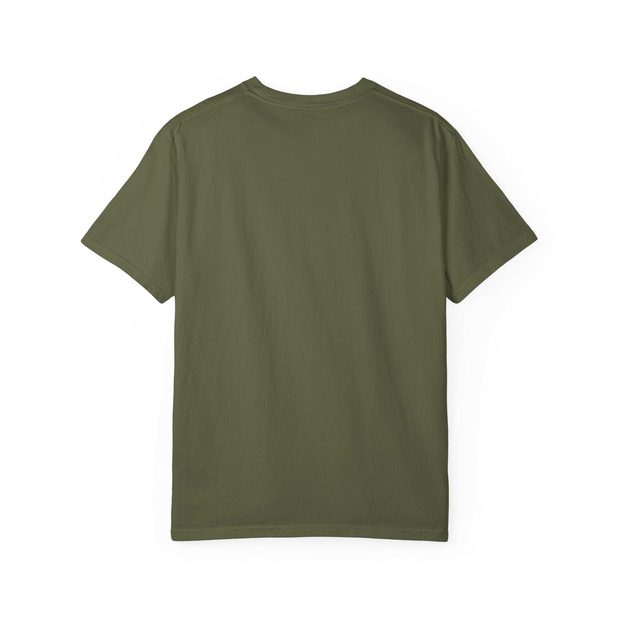 Olive green relaxed fit t-shirt, plain back, 100% cotton, "Allergic to People Please Maintain Distance" funny text tee.
