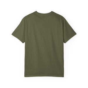 Olive green relaxed fit t-shirt, plain back, 100% cotton, "Allergic to People Please Maintain Distance" funny text tee.