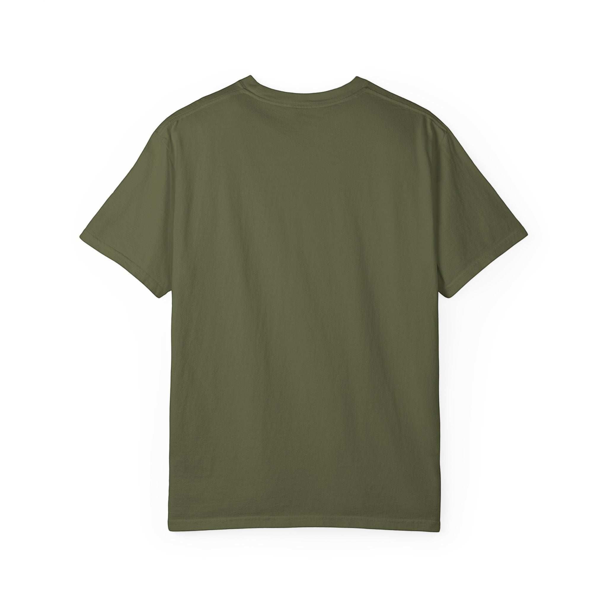 Olive green relaxed fit t-shirt, plain back, 100% cotton, "Allergic to People Please Maintain Distance" funny text tee.