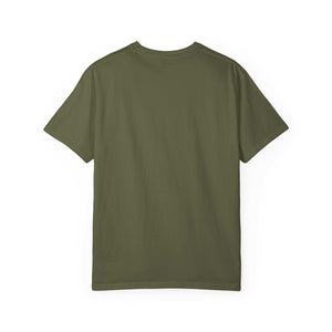 Olive green relaxed fit t-shirt, plain back, 100% cotton, "Allergic to People Please Maintain Distance" funny text tee.