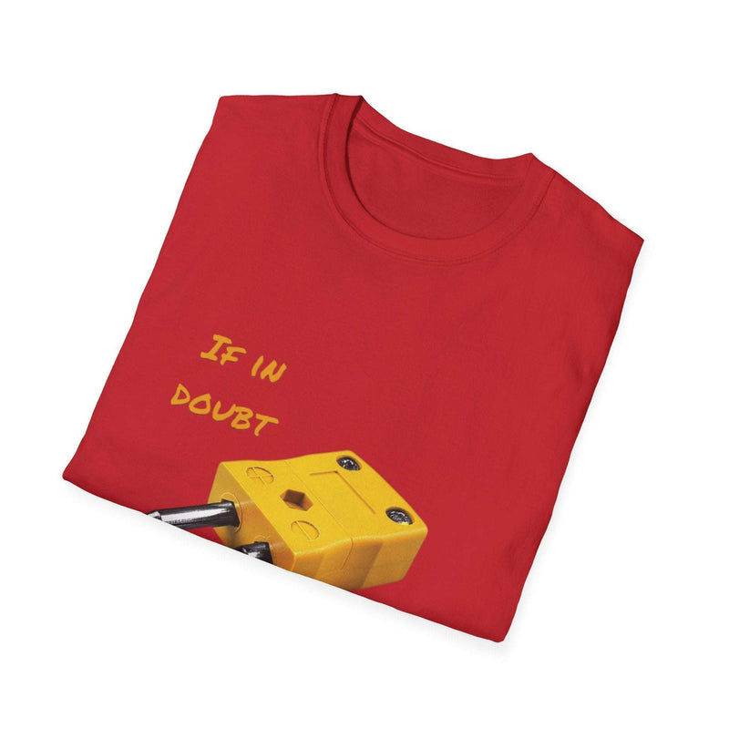Red Funny Inspirational T-Shirt with a humorous yellow plug graphic and the text "If in Doubt" printed on it, unisex softstyle casual wear.