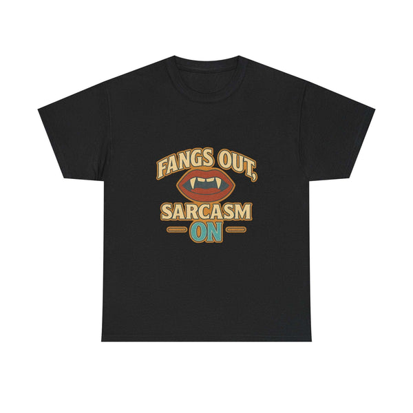 Black graphic tee with "Fangs Out Sarcasm On" vampire punk Halloween design