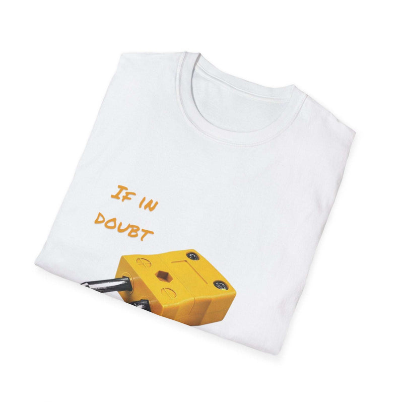 White funny inspirational t-shirt with a playful yellow robot graphic and "If in doubt" text for casual wear and gifts.