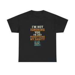 Funny quote tee shirt with "I'm Not Ignoring You, I'm Just Prioritising My Sanity" text and owl graphic on black unisex cotton casual wear