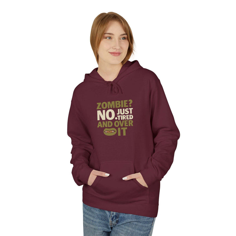 woman wearing maroon Zombie Humor Fleece Hoodie with funny text on front