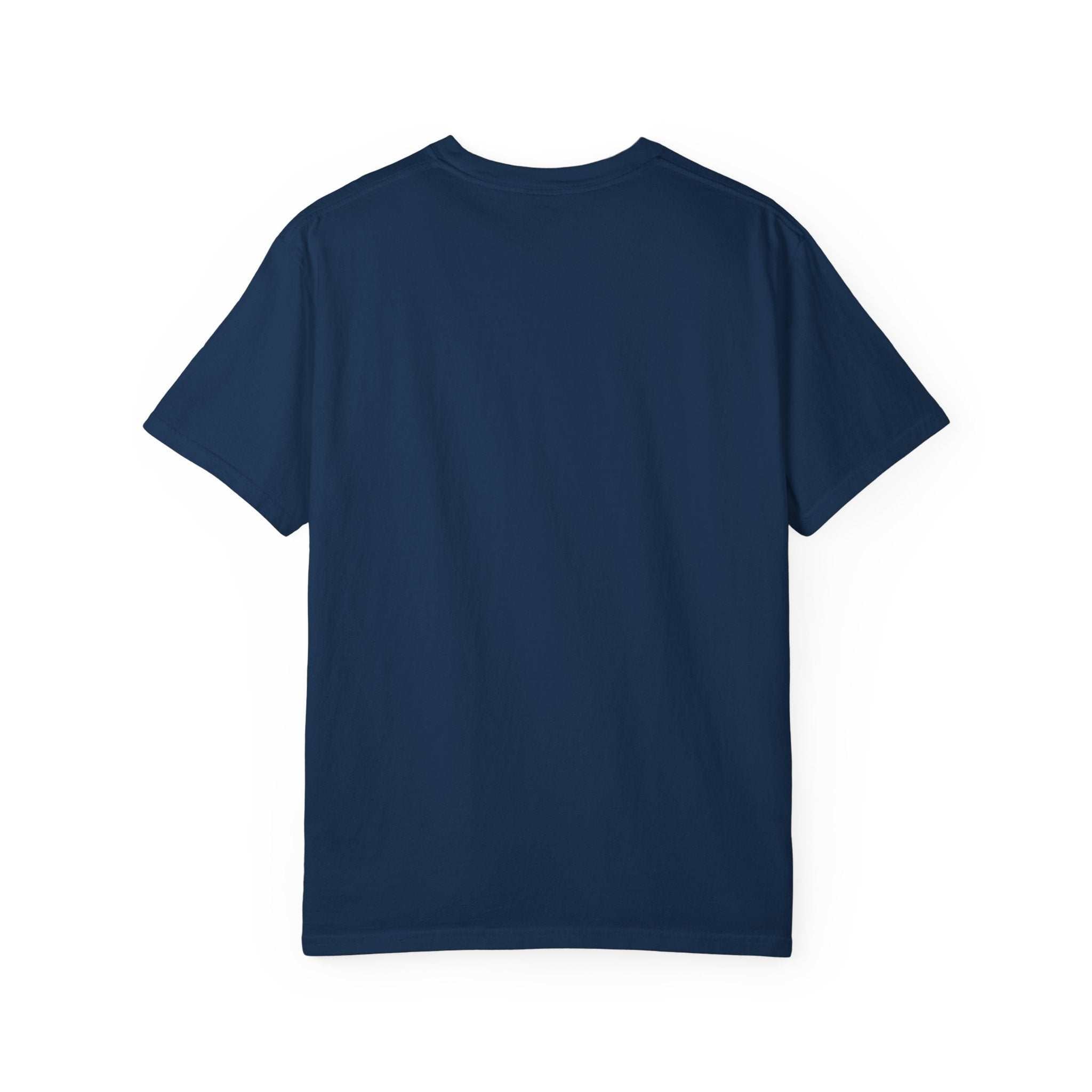 Back view of navy blue "Allergic to People Please Maintain Distance" funny text t-shirt in relaxed fit
