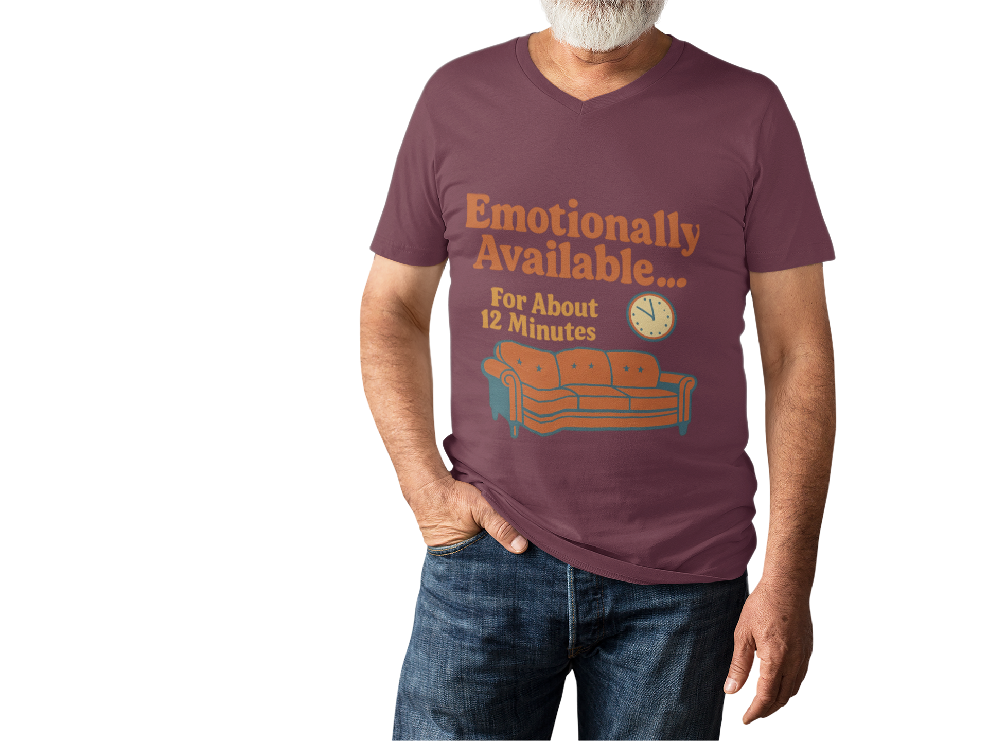 Unisex heavy cotton tee with humorous "Emotionally Available for About 12 Minutes" text and couch graphic, comfortable casual wear
