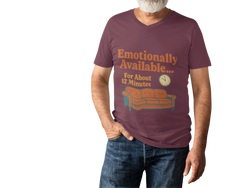 Unisex heavy cotton tee with humorous "Emotionally Available for About 12 Minutes" text and couch graphic, comfortable casual wear