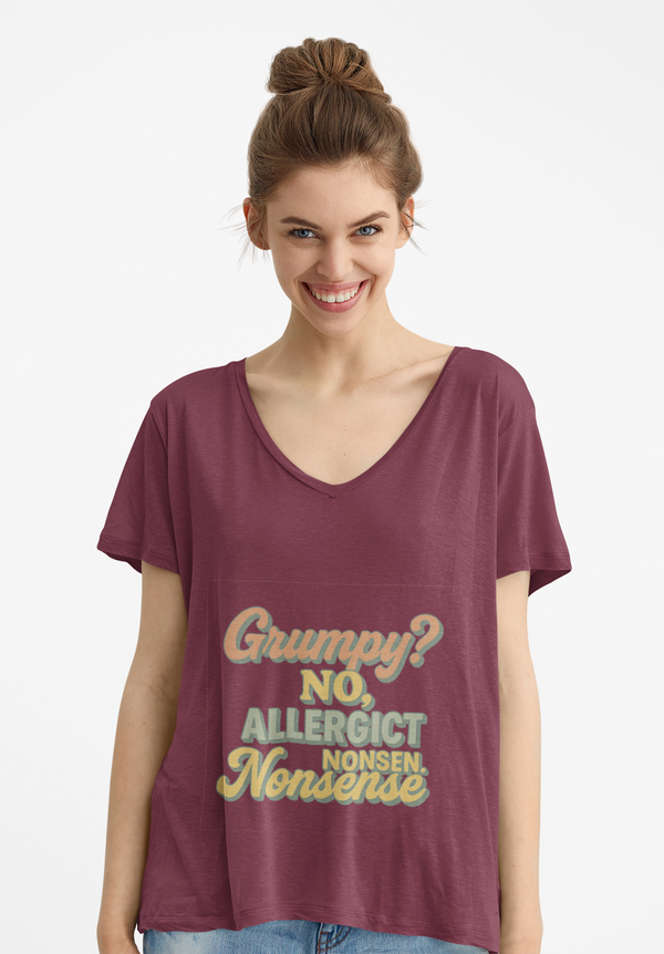 Woman wearing a maroon Grumpy Allergic T-Shirt with humorous text design, casual unisex fit.