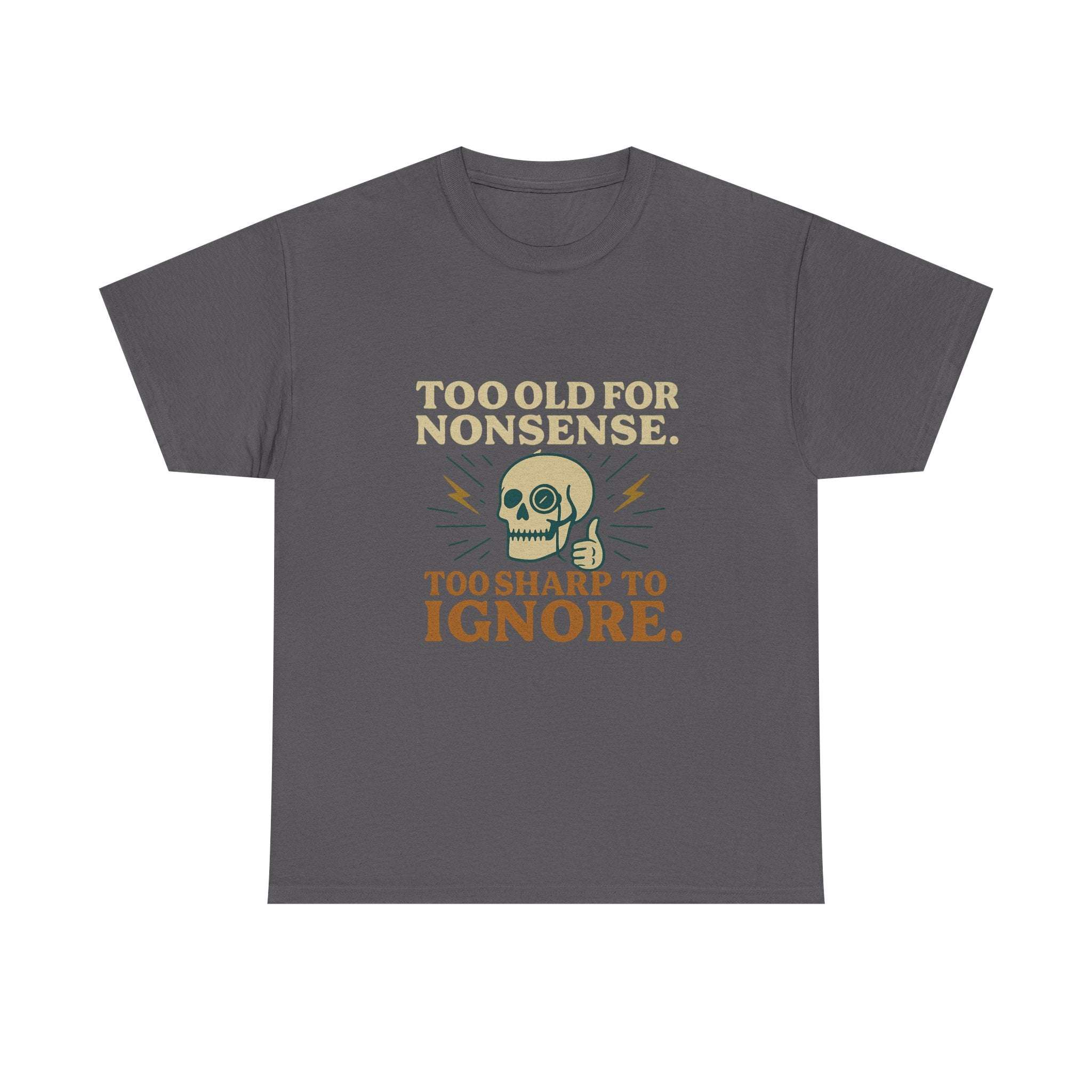 Vintage Monocle Skull Tee with skull and monocle graphic and sarcastic slogan in retro colors on gray classic fit shirt