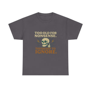 Vintage Monocle Skull Tee with skull and monocle graphic and sarcastic slogan in retro colors on gray classic fit shirt