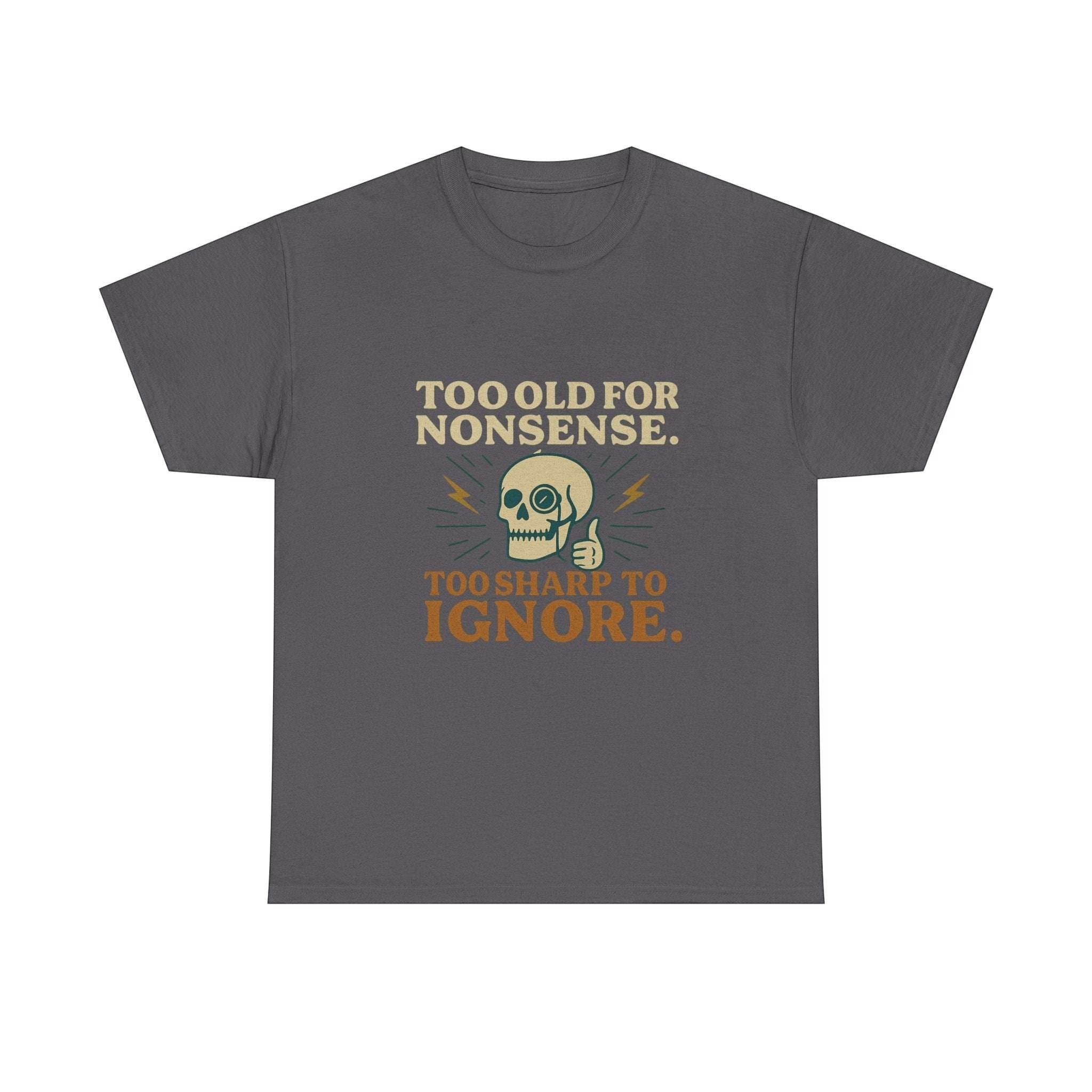 Vintage Monocle Skull Tee with skull and monocle graphic and sarcastic slogan in retro colors on gray classic fit shirt