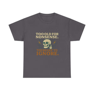 Vintage Monocle Skull Tee with skull and monocle graphic and sarcastic slogan in retro colors on gray classic fit shirt
