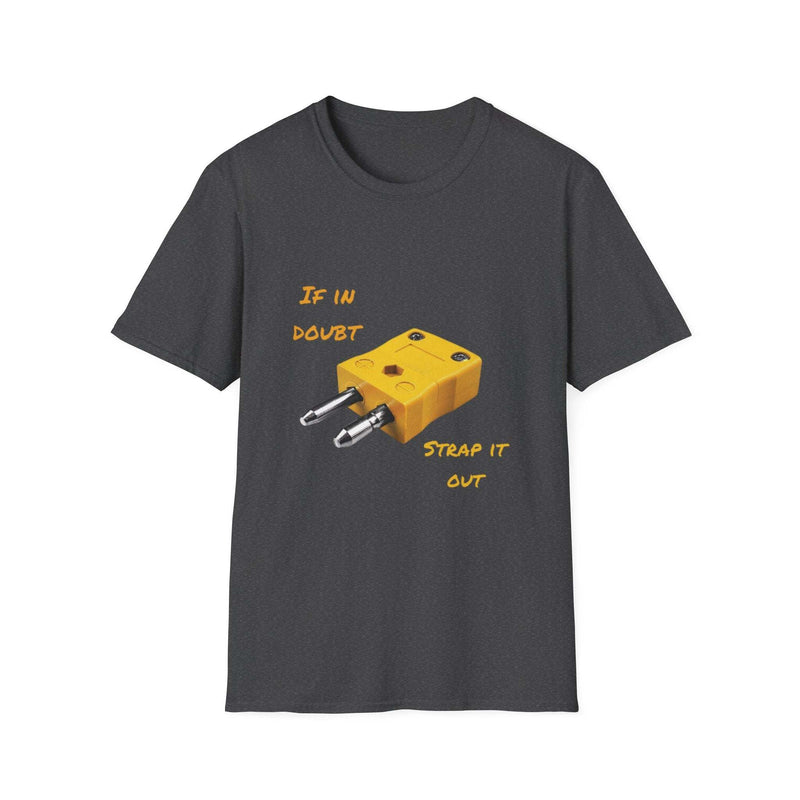 Black funny inspirational t-shirt with a yellow graphic and "If in doubt strap it out" text.