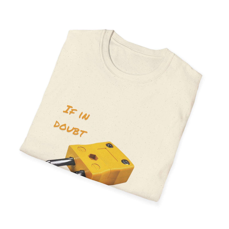 Folded cream-colored Funny Inspirational T-Shirt with a yellow robot graphic and partial text "If in doubt"