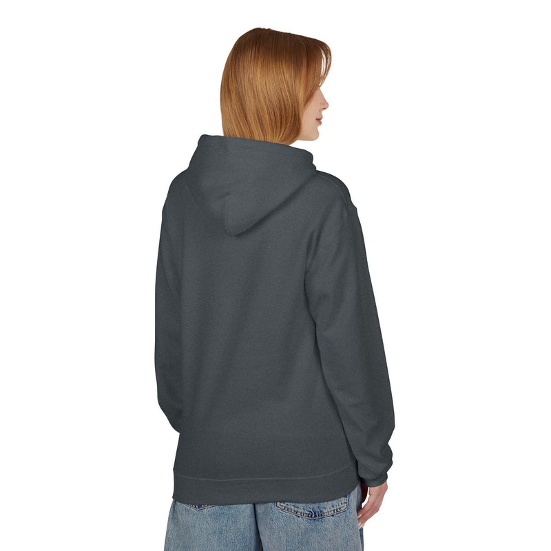 Back view of unisex zombie humor fleece hoodie in dark gray, casual comfortable Halloween sweatshirt with hood and pouch pocket