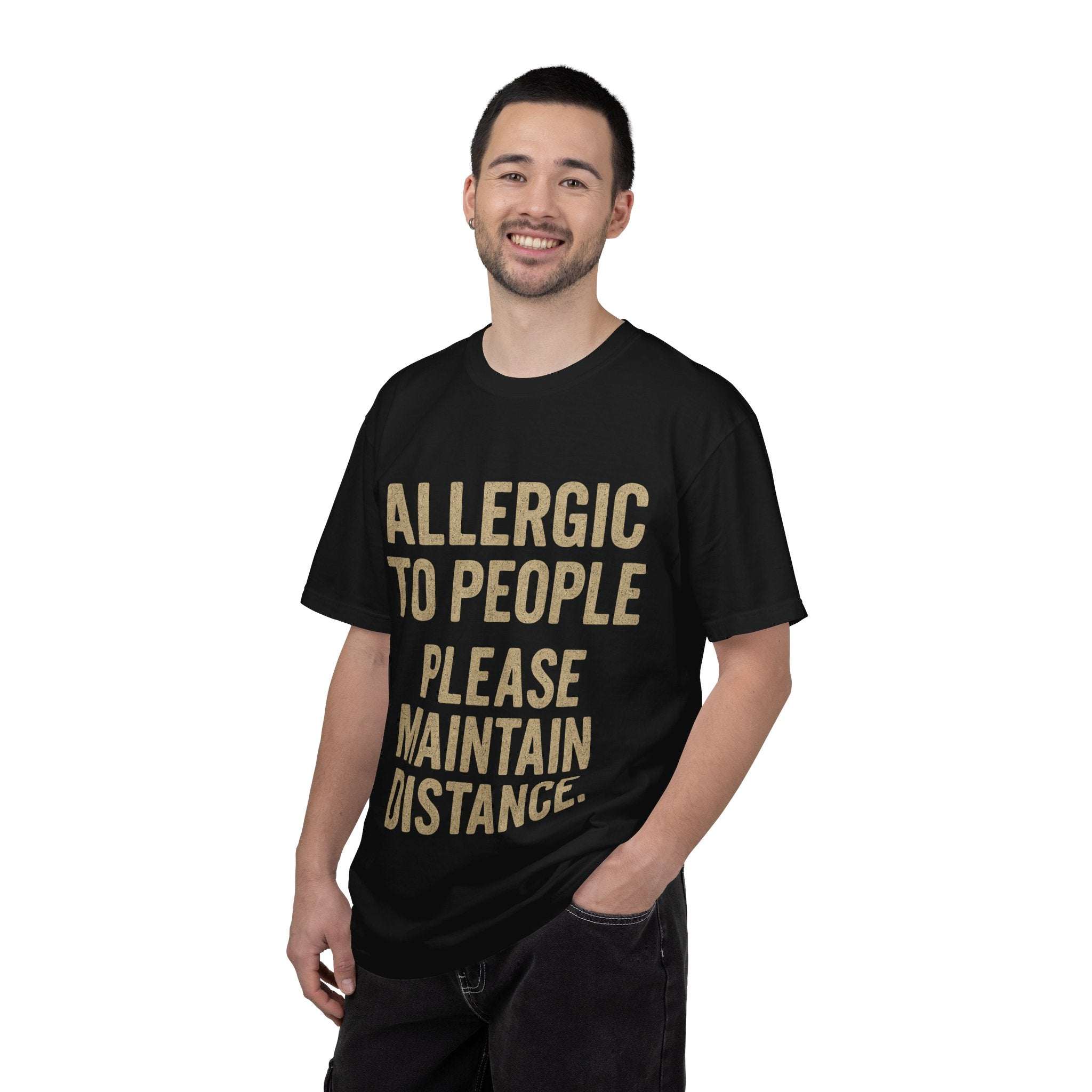 Man wearing black Allergic to People Please Maintain Distance funny text t-shirt