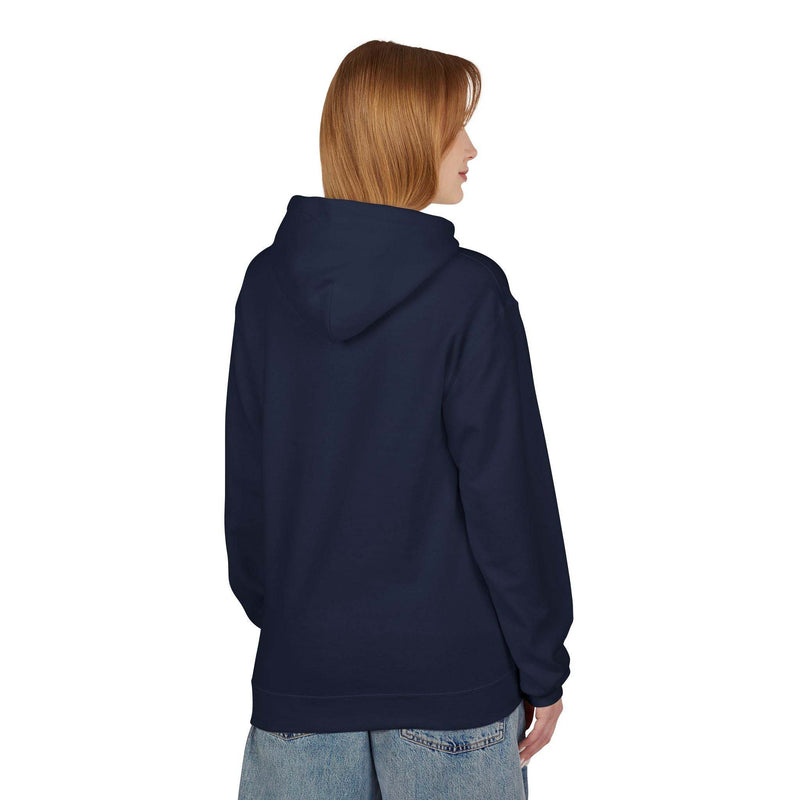 Back view of navy Fangs Out Sarcasm Hoodie worn by person with relaxed fit and hood up