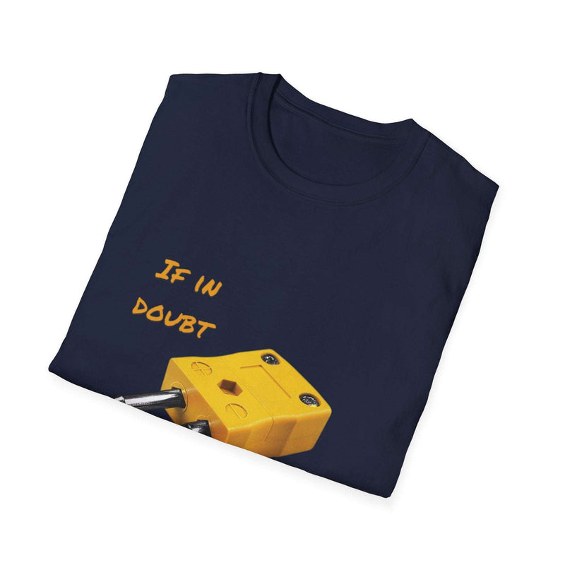 Navy blue funny inspirational T-shirt with a playful graphic and text "If in doubt" designed for casual wear and motivation.