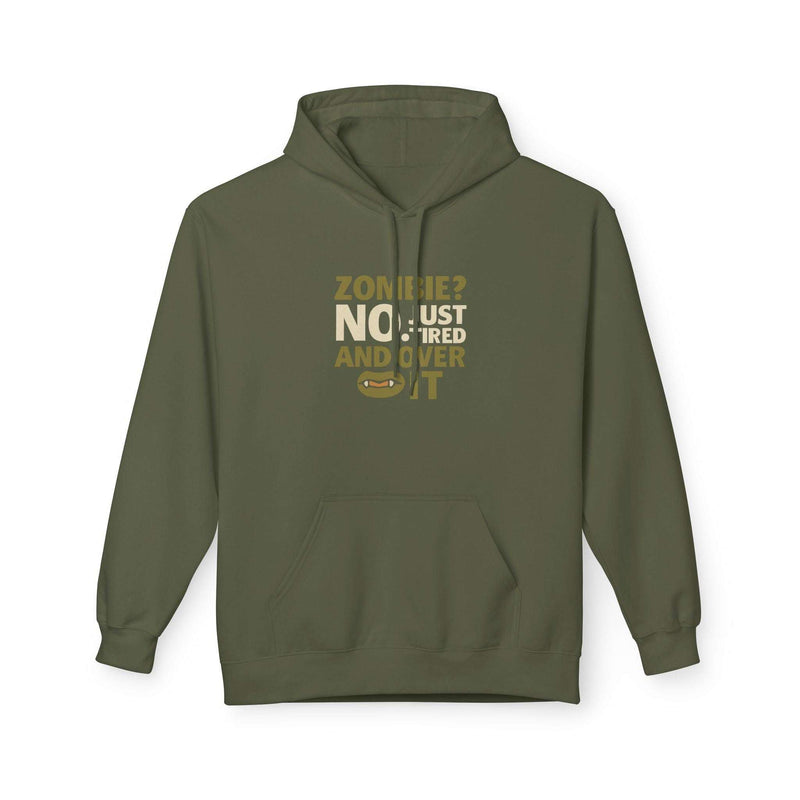 Olive green Zombie Humor Fleece Hoodie with playful text, cozy midweight sweatshirt for casual wear and Halloween