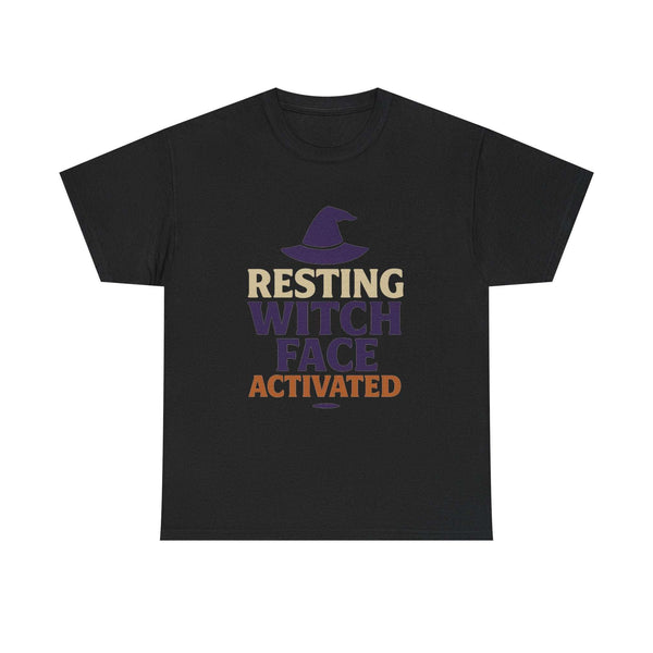 Black unisex cotton tee with "Resting Witch Face Activated" text and purple witch hat graphic