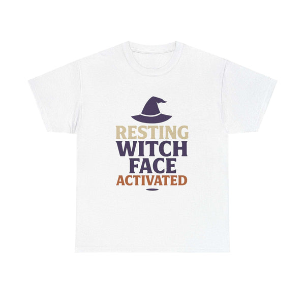 White Witchy Vibes Tee with resting witch face activated text and witch hat graphic, unisex cotton shirt