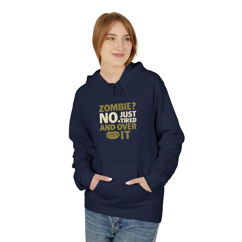 Unisex navy hoodie with funny "Zombie? No Just Tired" text, cozy fleece sweatshirt for casual and Halloween wear