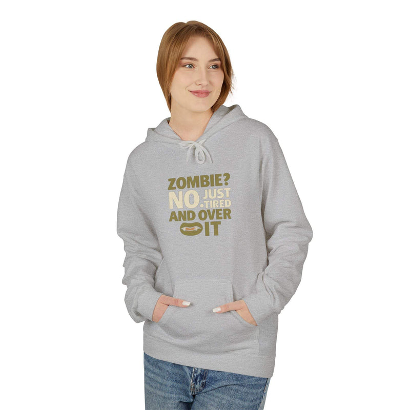 Unisex gray Zombie Humor Fleece Hoodie with funny zombie text, cozy casual Halloween sweatshirt