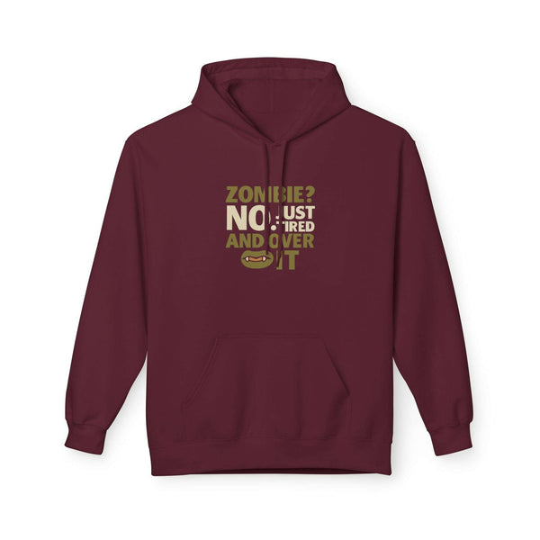 Maroon Zombie Humor Fleece Hoodie with funny text, unisex casual sweatshirt, cozy hooded fleece for Halloween and everyday wear