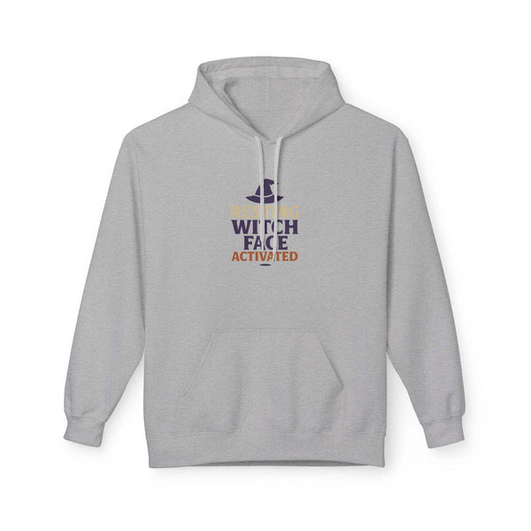 grey unisex hoodie with resting witch face activated text and witch hat design